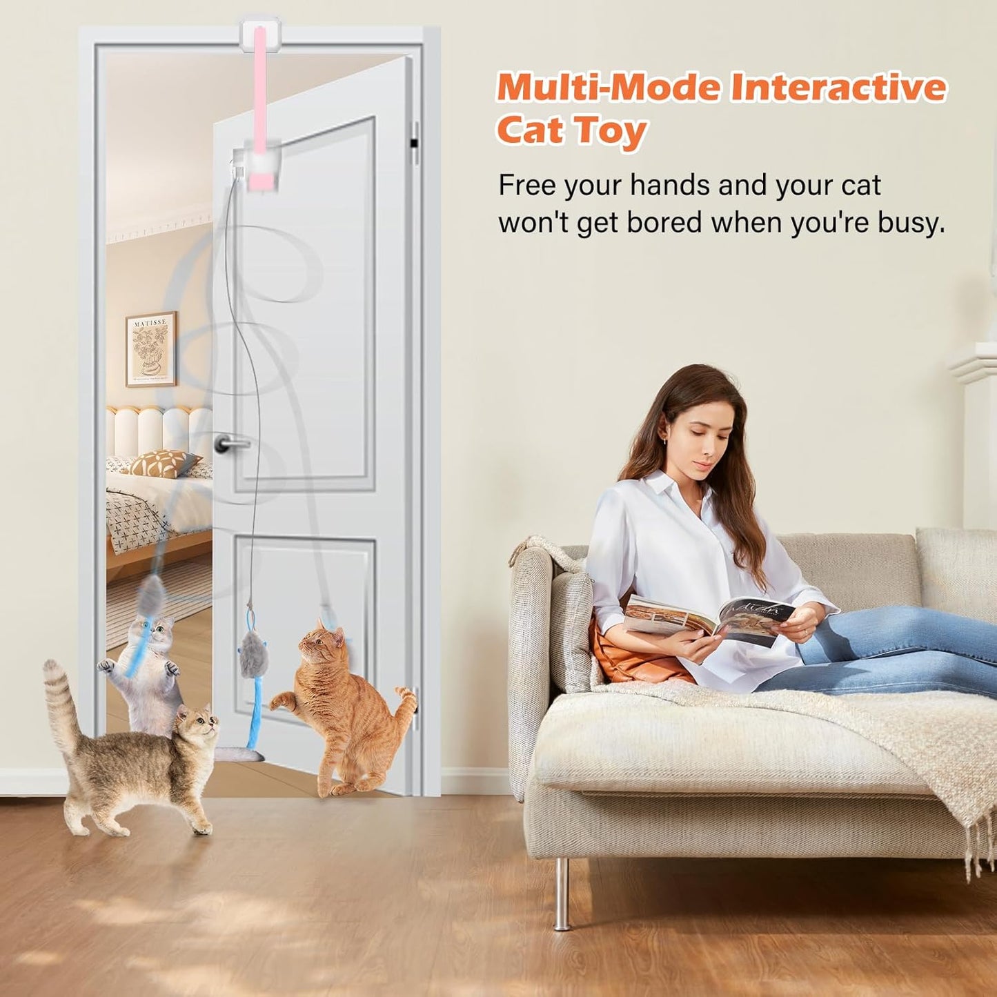 Interactive Cat Toy, Flapping Bird & Rotating Feather Teaser for Indoor Cats, Hanging Doorway Cat Toys with Fishing Pole for Exercise, Boredom Relief & Fun Games