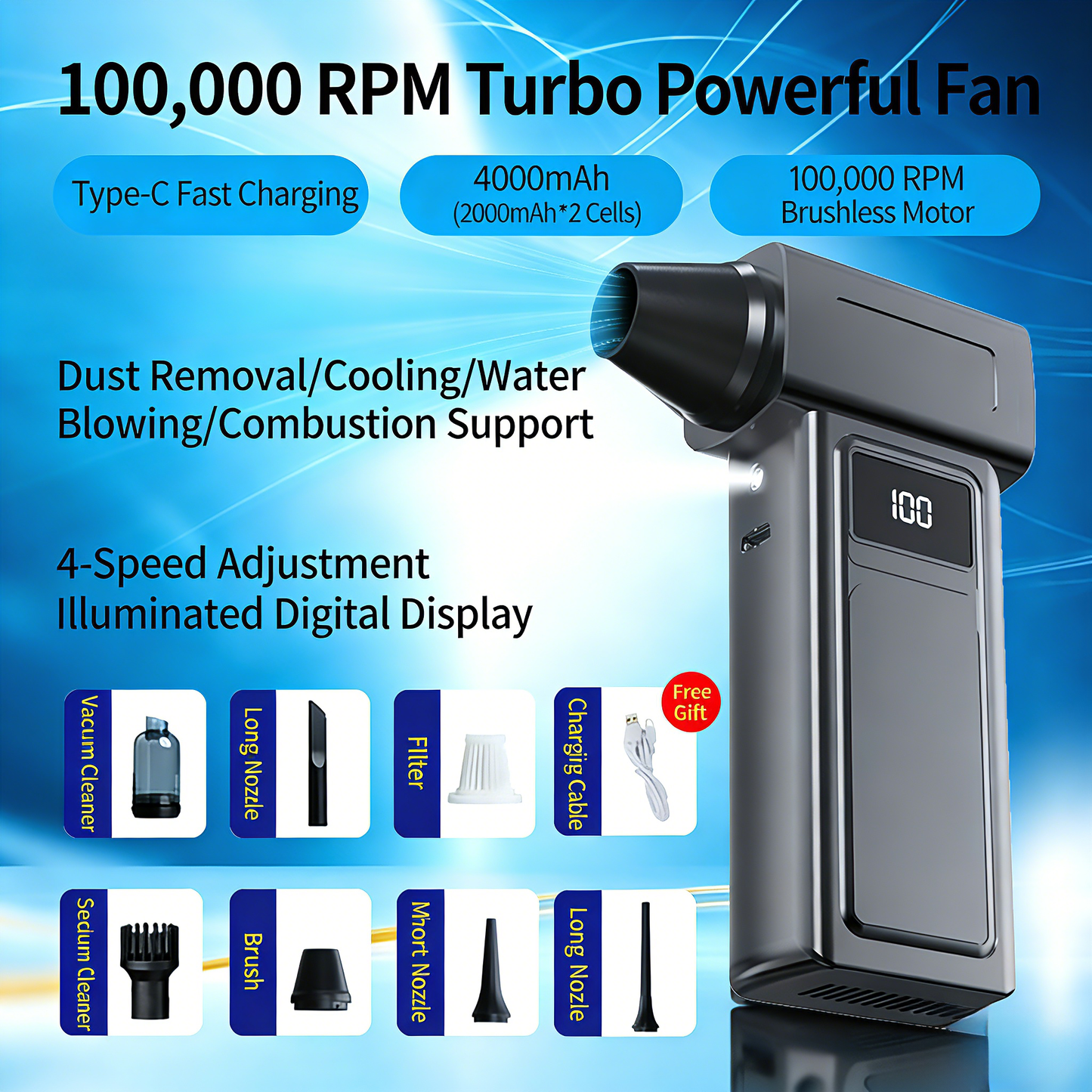 100000R/S Turbo Air Blaster Pro – Brushless Motor, 4 Gears, Car Vacuuming + Dusting + Water Blowing. Your Ultimate Portable High-Power Fan.